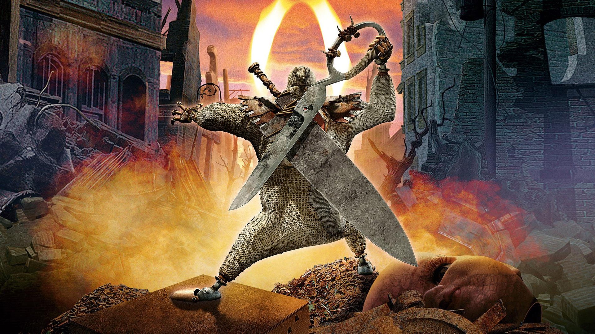 HD PC desktop wallpaper featuring a dramatic movie scene with a warrior holding crossed swords amidst fiery ruins and a glowing portal in the background.