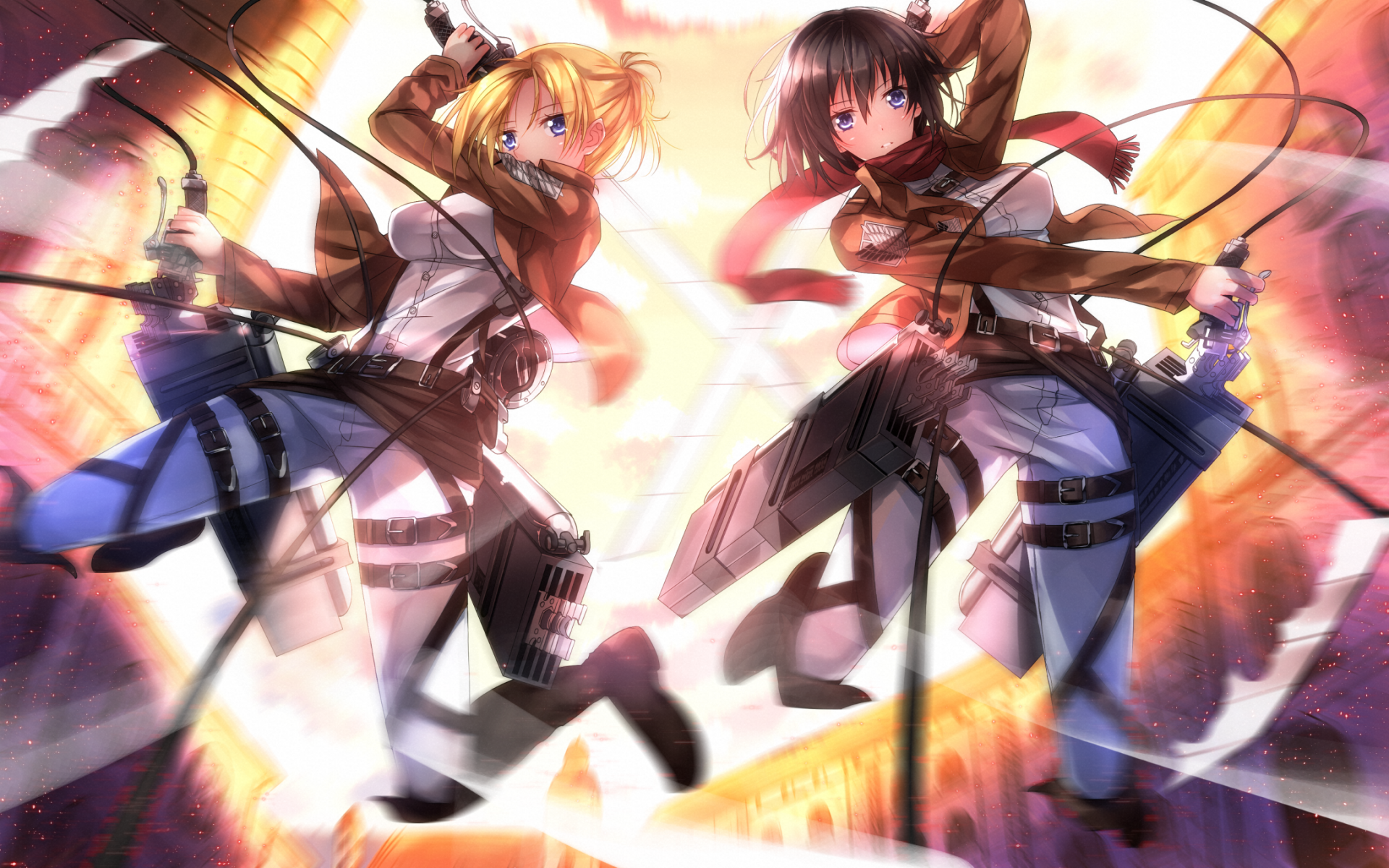 HD desktop wallpaper featuring Historia Reiss, Annie Leonhart, and Mikasa Ackerman from Attack on Titan in dynamic action poses, with vibrant anime art style.