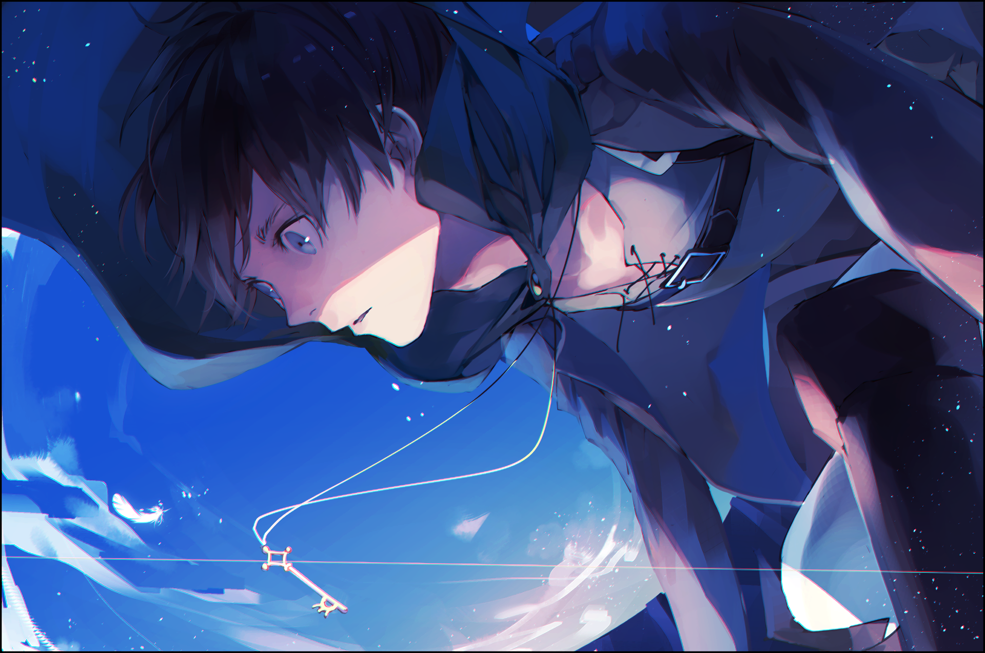 HD PC desktop wallpaper of Eren Yeager (Anime, Attack on Titan) — dynamic blue-sky profile, cloak billowing and a key necklace glinting.