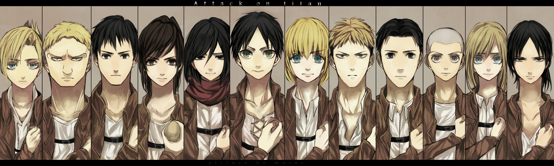 HD anime desktop wallpaper of Attack on Titan featuring Eren Yeager & Mikasa Ackerman with Armin Arlert, Historia Reiss, Jean, Connie, Marco, Sasha, Reiner, Bertholdt, Annie and Ymir.