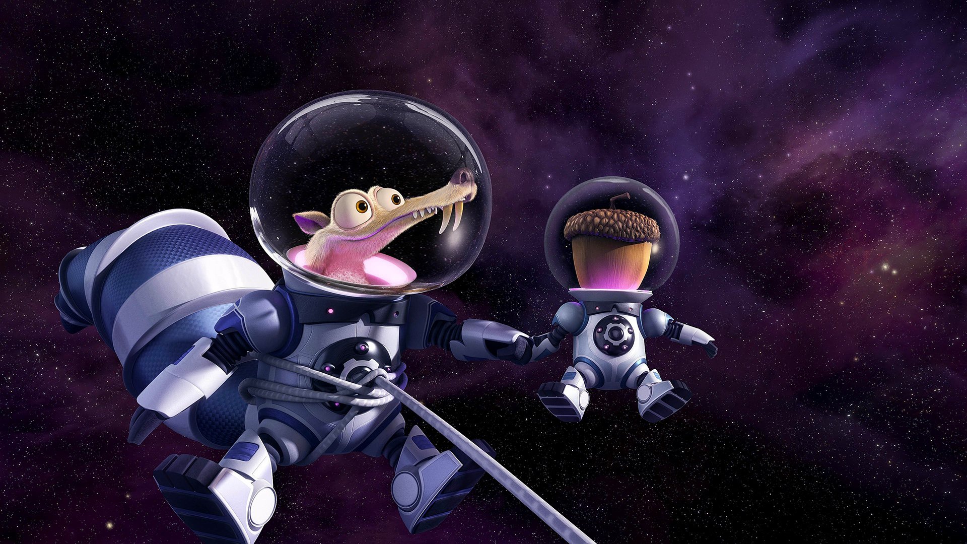 HD PC desktop wallpaper featuring characters from the movie Ice Age: Collision Course wearing space suits against a cosmic purple galaxy background.