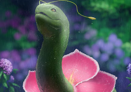 HD anime-style wallpaper featuring Meganium, the green Pokémon with a large pink flower on its neck, surrounded by purple flowers in a serene natural background.