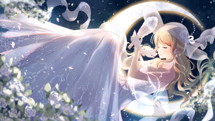 Anime Miracle Nikki HD PC desktop wallpaper and background of a serene blonde in a flowing white gown curled on a glowing crescent moon amid ribbons and white blossoms.