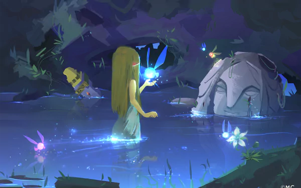 HD wallpaper featuring a mystical scene from The Legend of Zelda: Breath of the Wild with a character by a pond surrounded by flora and magical lights.