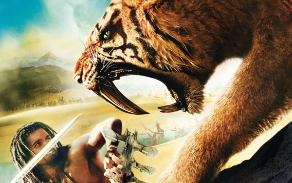 HD desktop wallpaper from the movie 10,000 B.C. depicting a prehistoric man confronting a snarling saber-toothed tiger in a dramatic scene.