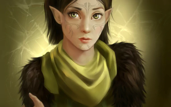HD desktop wallpaper featuring a Dragon Age II elf with green eyes, facial tattoos, pointed ears, and a fur-lined cloak, set against a glowing background.