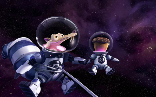 HD PC desktop wallpaper featuring characters from the movie Ice Age: Collision Course wearing space suits against a cosmic purple galaxy background.
