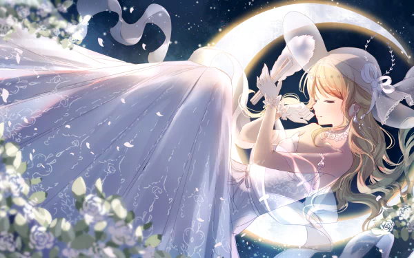 Anime Miracle Nikki HD PC desktop wallpaper and background of a serene blonde in a flowing white gown curled on a glowing crescent moon amid ribbons and white blossoms.