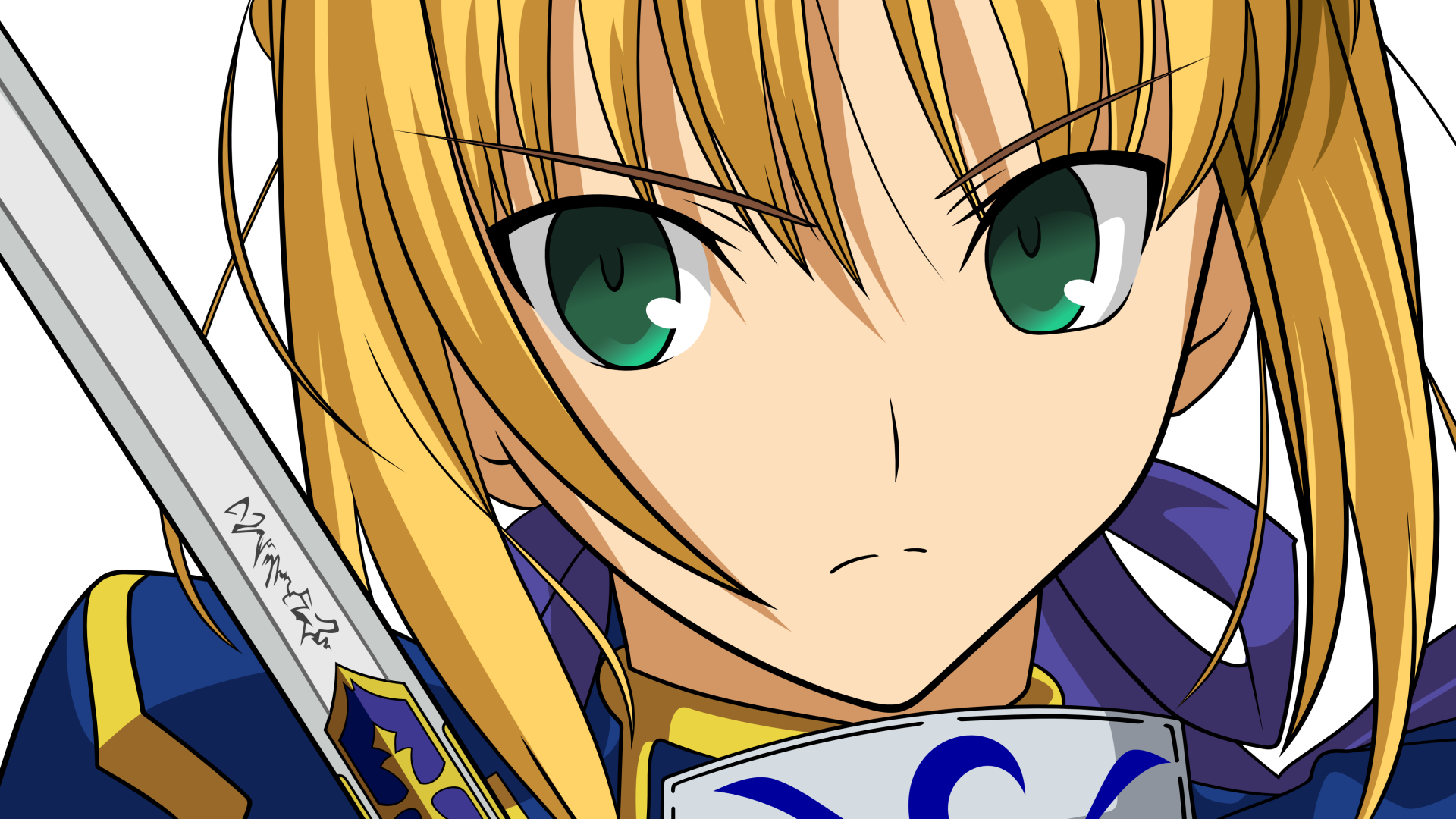 Close-up of Saber (Fate Series) from the Fate/Stay Night anime: determined green-eyed blonde in blue armor holding her sword — 4K Ultra HD PC desktop wallpaper.