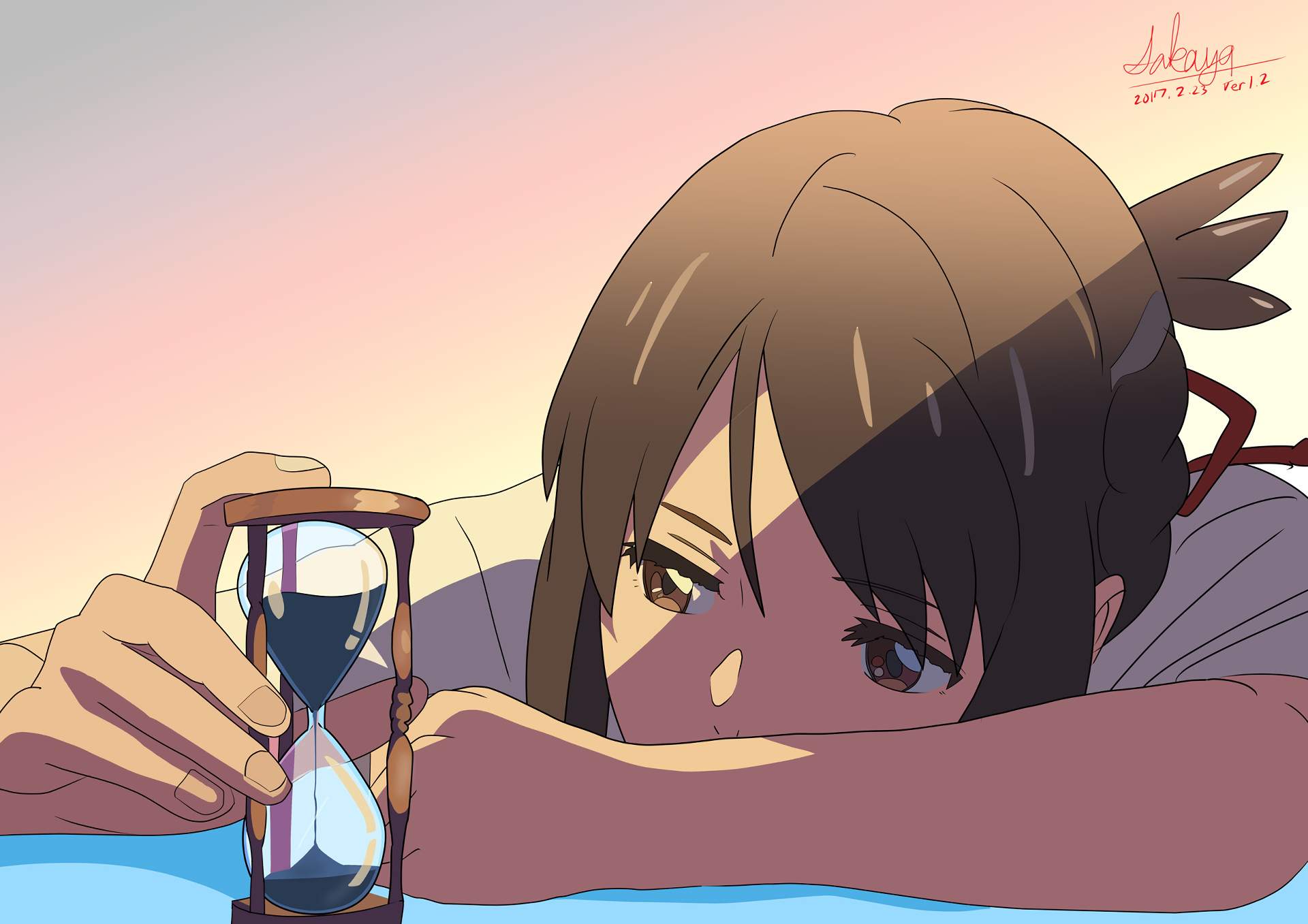 Mitsuha Miyamizu gazes thoughtfully at an hourglass, set against a serene sunset background. This vibrant image captures a poignant moment from the anime Your Name.