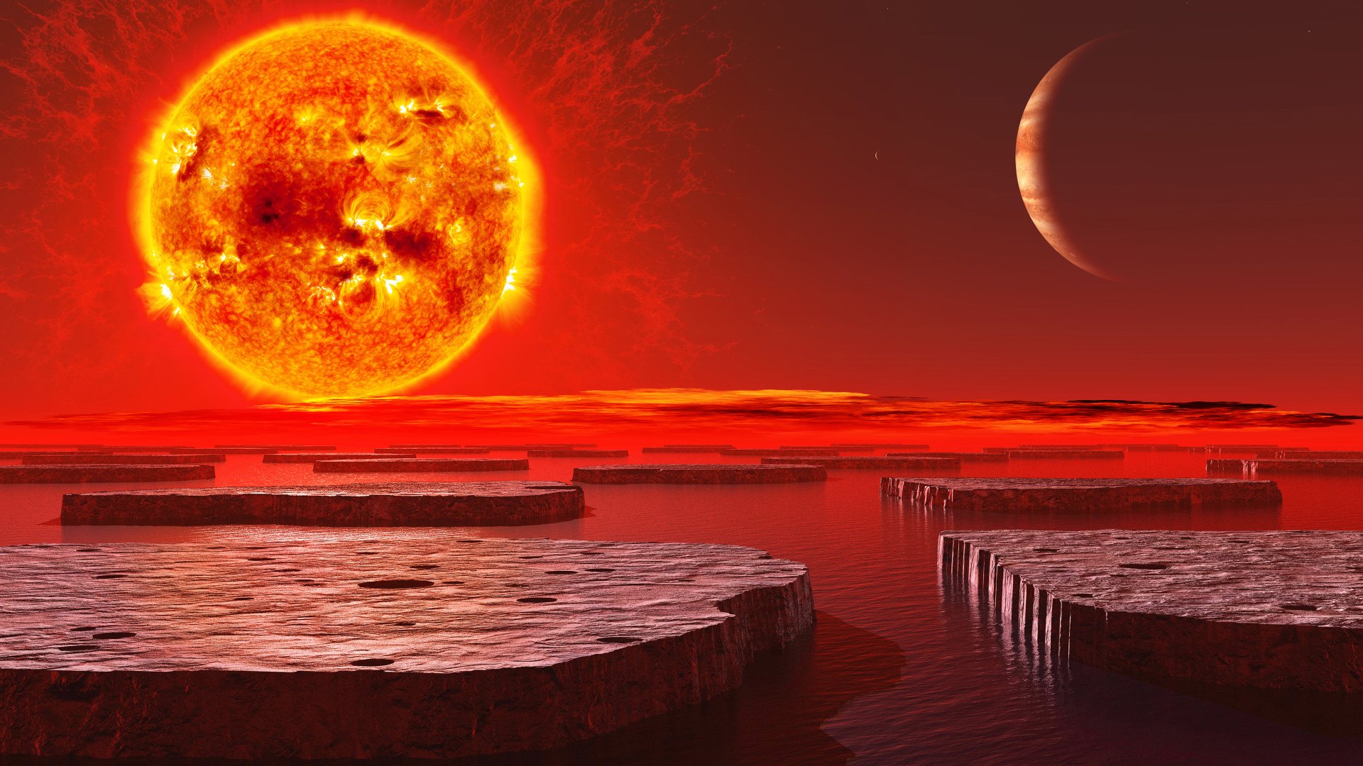 HD desktop wallpaper featuring a Sci-Fi landscape with an orange sun and planet above a horizon of jagged platforms and water.