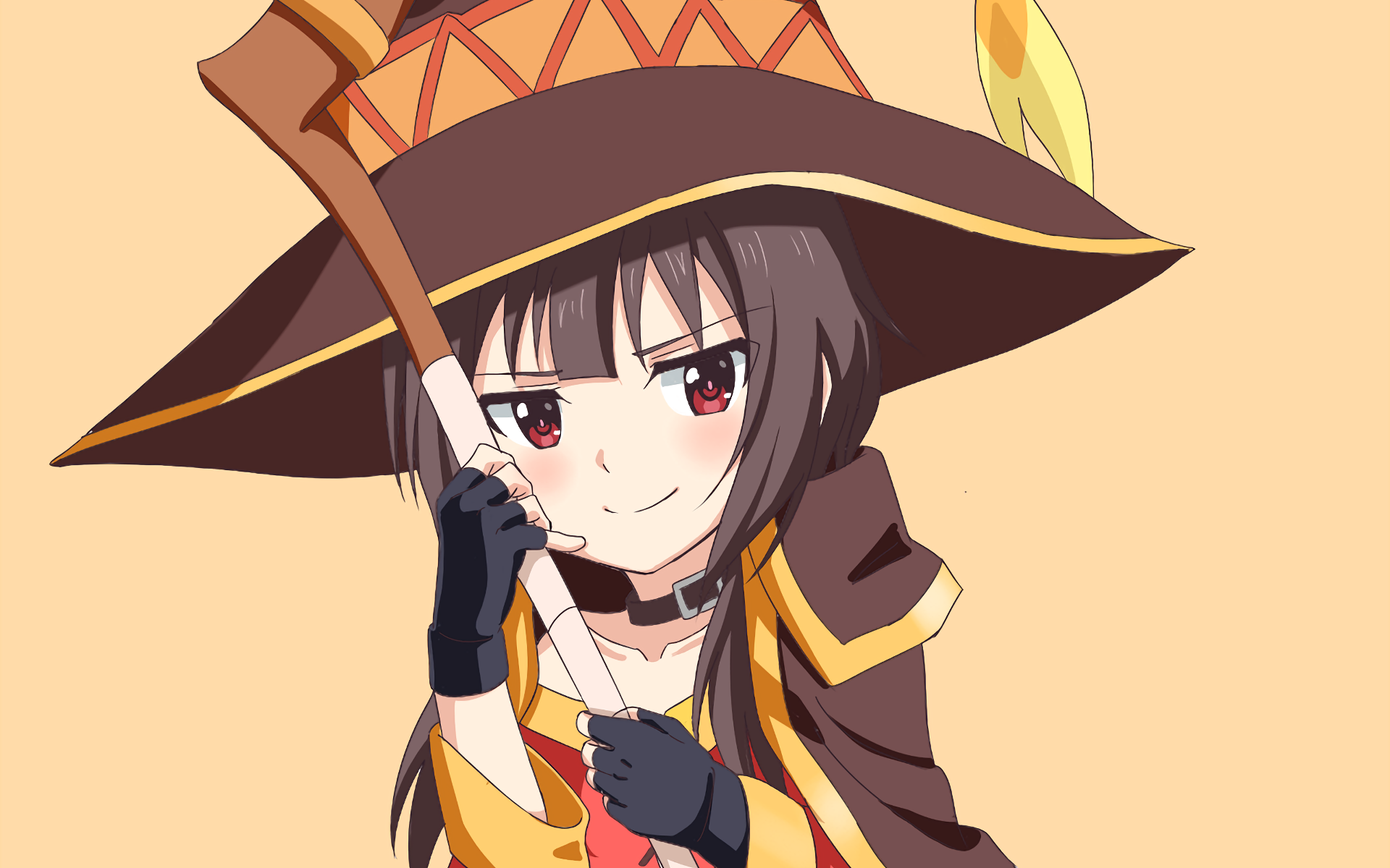 HD desktop wallpaper of Megumin from the anime KonoSuba - God's Blessing on This Wonderful World!!, featuring her in a confident pose with her staff against a plain background.