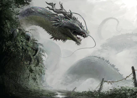 HD desktop wallpaper featuring a fierce fantasy dragon emerging from misty, lush greenery, creating a captivating and mystical background.