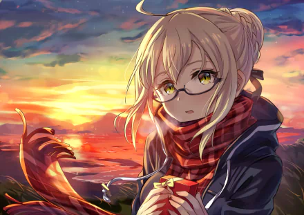 Anime character Heroine X from Fate/Grand Order wearing glasses, with yellow eyes and blonde hair, standing against a sunset background. She appears thoughtful and holds a small gift box.