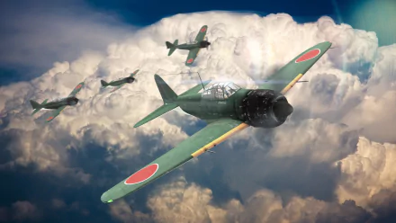Mitsubishi A6M Zero warplane aircraft in formation above dramatic clouds — War Thunder video game artwork rendered as a 2K Quad HD PC desktop wallpaper/background.