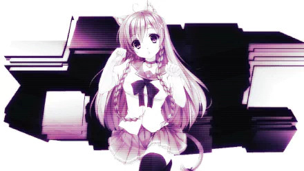 HD anime girl desktop wallpaper featuring a cute anime girl with long hair and a bow, set against a glitch-style black and white background.