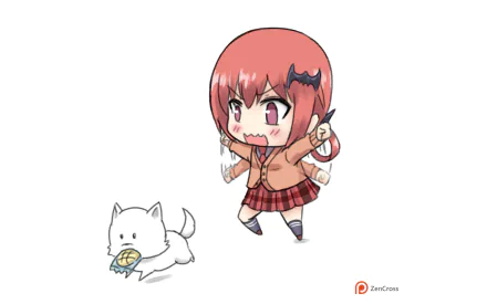 A vibrant HD wallpaper featuring Satanichia Kurumizawa McDowell from the anime Gabriel DropOut, playfully interacting with a small white dog in a whimsical scene.