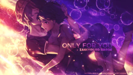 HD anime desktop wallpaper featuring two characters from Zankyou No Terror embracing against a glowing purple and pink background with floating bubbles.