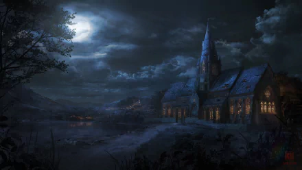 HD wallpaper of a dark, foggy night featuring a lit church surrounded by clouds. The scenery has a mysterious, religious ambiance.