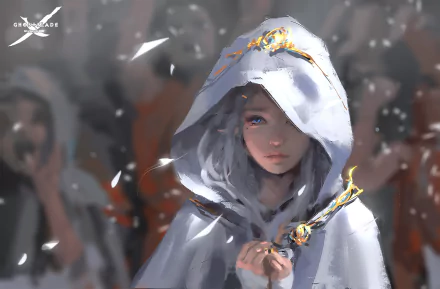 HD desktop wallpaper and background featuring an illustration from the Comic GhostBlade. The image depicts a solemn figure in a hooded white cloak, holding a staff, with a captivated crowd in the background.
