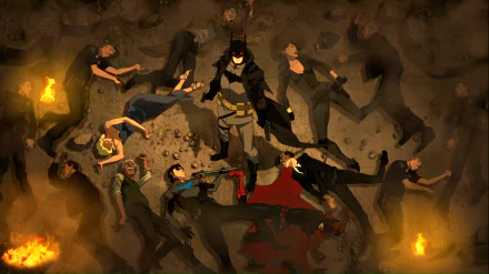 HD PC desktop wallpaper featuring Batwoman (Kate Kane), Nightwing (Dick Grayson), Alfred Pennyworth, Talia al Ghul, Batman, and Damian Wayne from DC Comics' Damian: Son of Batman.