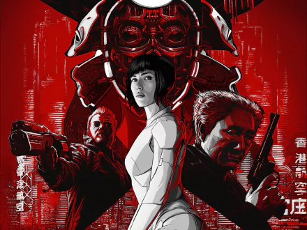 HD desktop wallpaper of Scarlett Johansson from the movie Ghost in the Shell (2017). The artwork features bold red and black tones with characters and elements from the film in a striking composition.