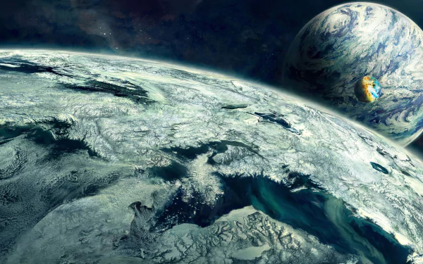 HD Sci-Fi desktop wallpaper featuring a planetscape with icy terrain and two planets in space. The foreground planet showcases intricate ice details under a dark, star-filled sky.