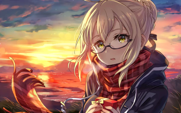 Anime character Heroine X from Fate/Grand Order wearing glasses, with yellow eyes and blonde hair, standing against a sunset background. She appears thoughtful and holds a small gift box.