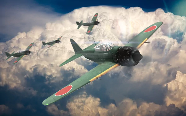 Mitsubishi A6M Zero warplane aircraft in formation above dramatic clouds — War Thunder video game artwork rendered as a 2K Quad HD PC desktop wallpaper/background.