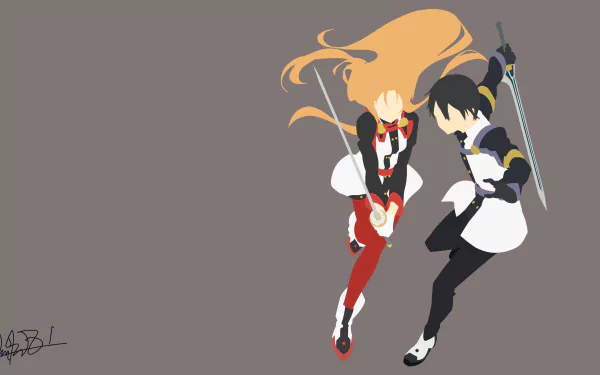 4K Ultra HD PC wallpaper featuring Kirito (Kazuto Kirigaya) and Asuna Yuuki from Sword Art Online: Ordinal Scale, mid-air duel with swords on a muted gray background.