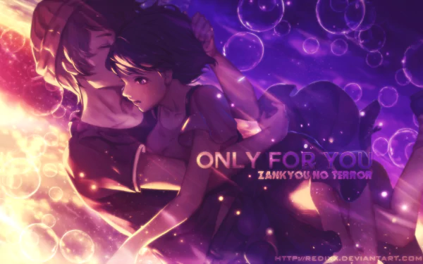 HD anime desktop wallpaper featuring two characters from Zankyou No Terror embracing against a glowing purple and pink background with floating bubbles.