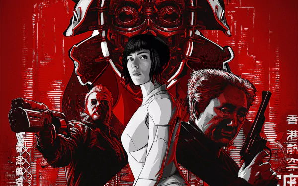 HD desktop wallpaper of Scarlett Johansson from the movie Ghost in the Shell (2017). The artwork features bold red and black tones with characters and elements from the film in a striking composition.