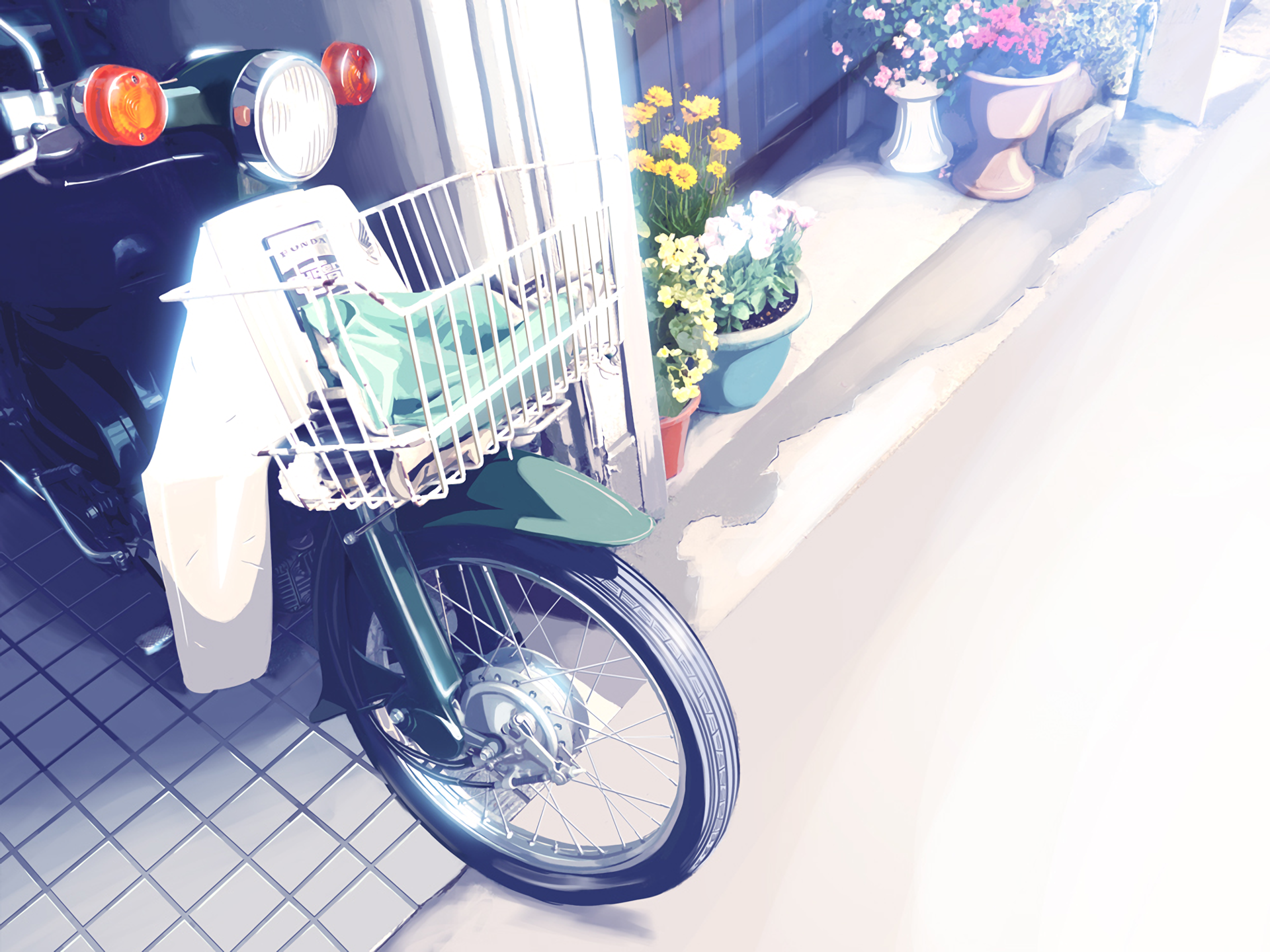 HD anime desktop wallpaper featuring a close-up view of a parked scooter with a basket in the sunlight, accompanied by blooming flowers outside a building.