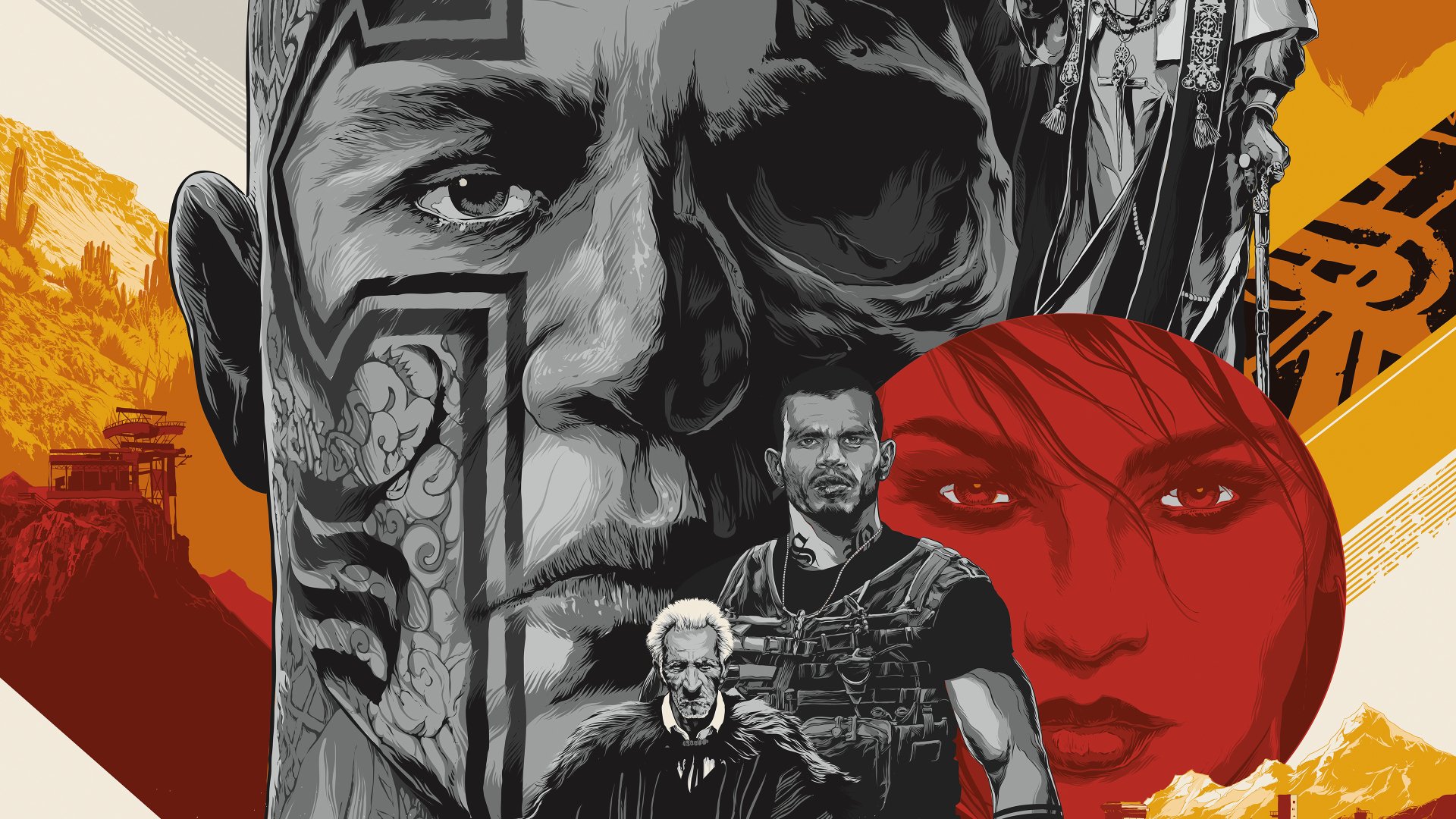 4K Ultra HD PC wallpaper featuring artwork from the video game Tom Clancy’s Ghost Recon Wildlands, showcasing detailed character portraits in bold colors and intense expressions.