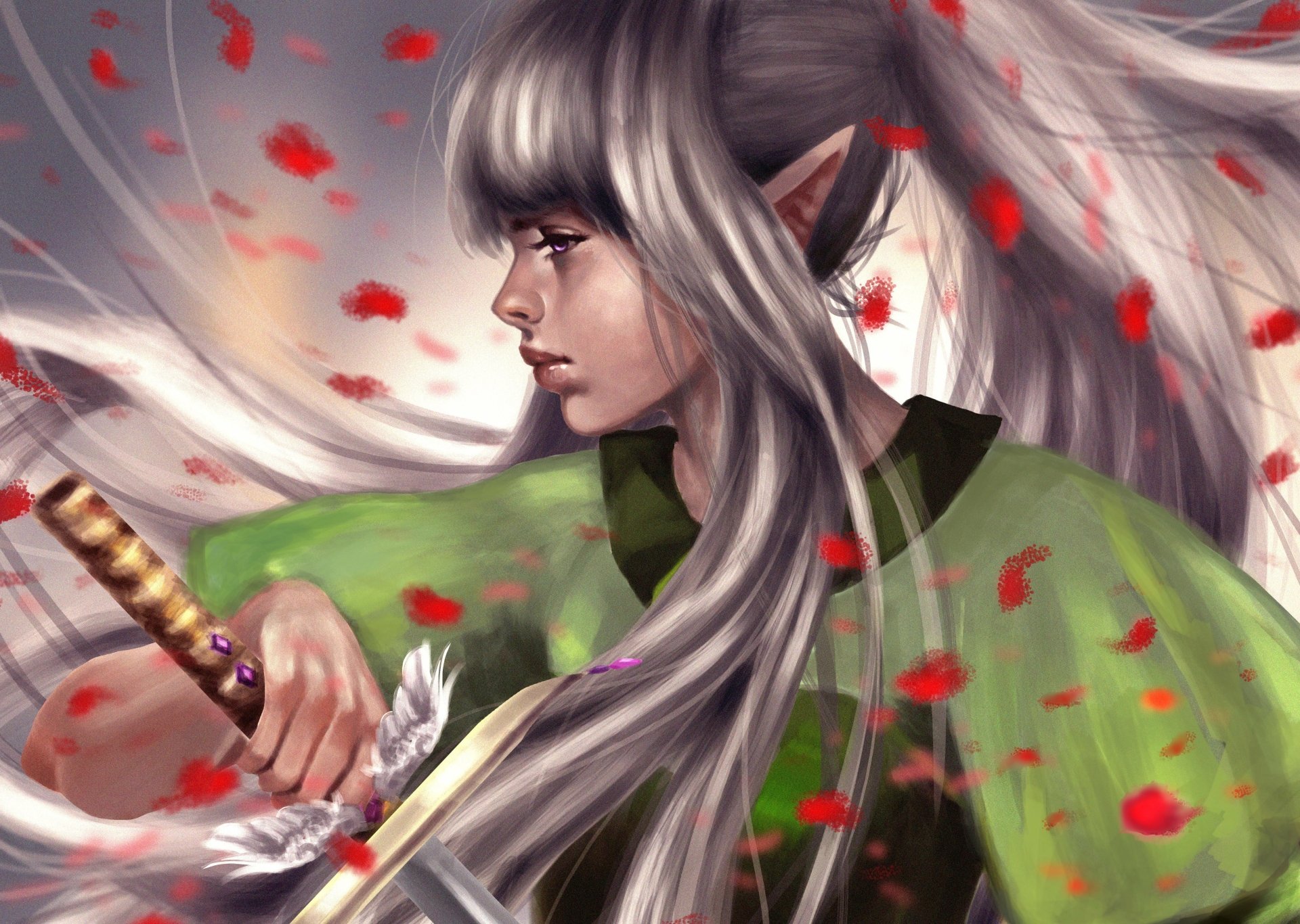 A fantasy woman warrior with long white hair, pointed ears, and striking purple eyes, set against a dynamic backdrop with red petals in 4K Ultra HD detail.