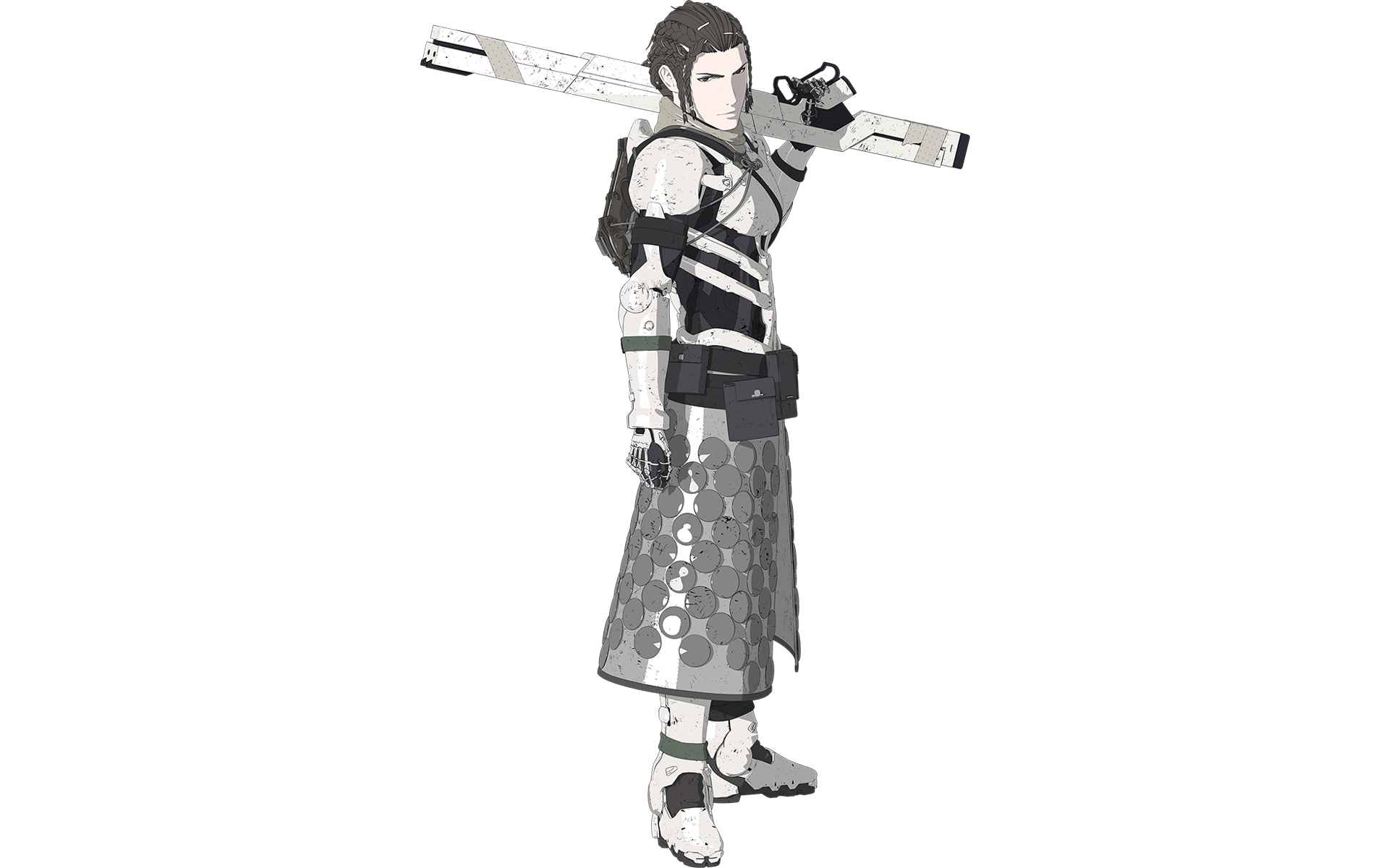 HD PC desktop wallpaper from the movie Blame!: a lone cyborg warrior in grayscale armor holding a long rifle across his shoulders against a white backdrop.