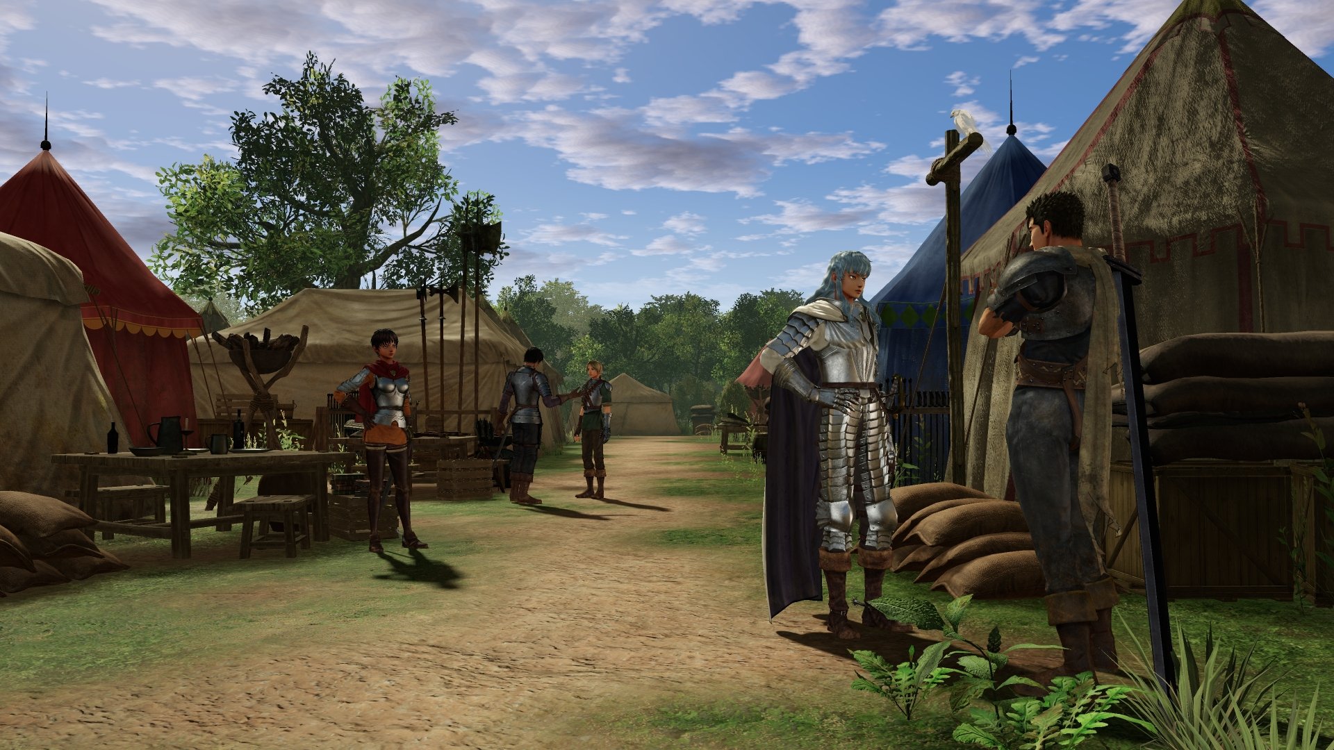 4K Ultra HD PC desktop wallpaper of a BERSERK video game scene: Band of the Hawk troops in a sunlit camp, an armored leader speaking with villagers beneath a bright blue sky.