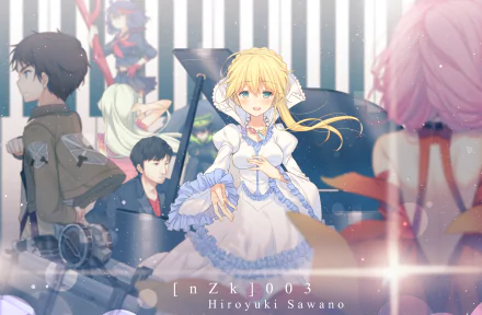 HD anime crossover desktop wallpaper featuring characters from Seraph of the End, Kill La Kill, Guilty Crown, Attack on Titan, The Seven Deadly Sins, and Aldnoah.Zero with a soft, glowing background.