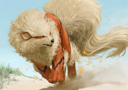 HD PC desktop wallpaper featuring Arcanine from Pokémon in dynamic anime-style artwork with detailed fur and fiery orange accents.