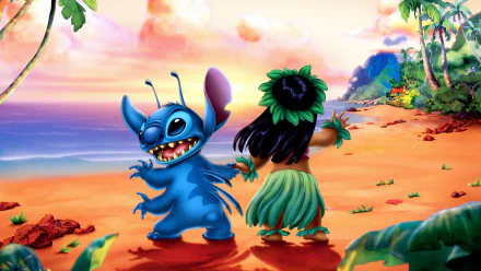 Lilo and Stitch dance together on a vibrant beach at sunset, from the movie Lilo & Stitch. This HD desktop wallpaper showcases the characters against a colorful tropical background.