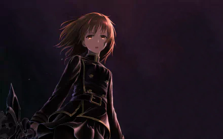 HD desktop wallpaper featuring an anime character from SukaSuka, with a dark background and a solemn expression.