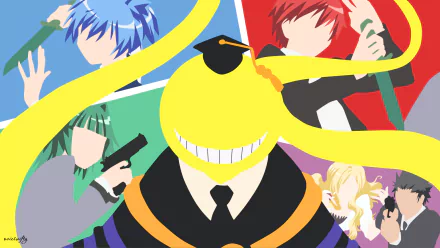 A vibrant HD desktop wallpaper featuring Koro-sensei from Assassination Classroom, surrounded by key characters. The artwork showcases the playful and intense spirit of the anime.