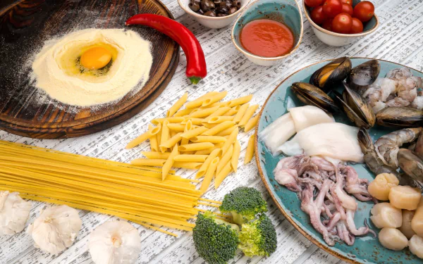 egg seafood garlic pasta food still life HD Desktop Wallpaper | Background Image