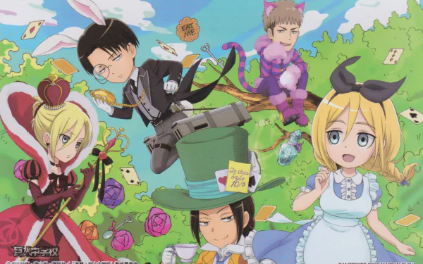 Anime-style HD desktop wallpaper featuring chibi versions of Historia Reiss, Ymir, Annie Leonhart, and Levi Ackerman from Attack on Titan: Junior High.