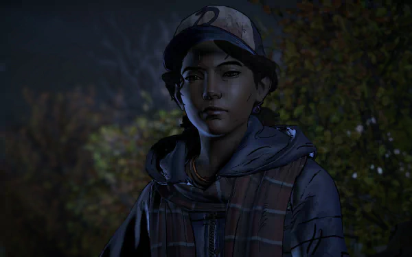 Clementine stands resilient in a nighttime setting, embodying strength from The Walking Dead: A New Frontier. This HD wallpaper captures her character from the acclaimed video game series.