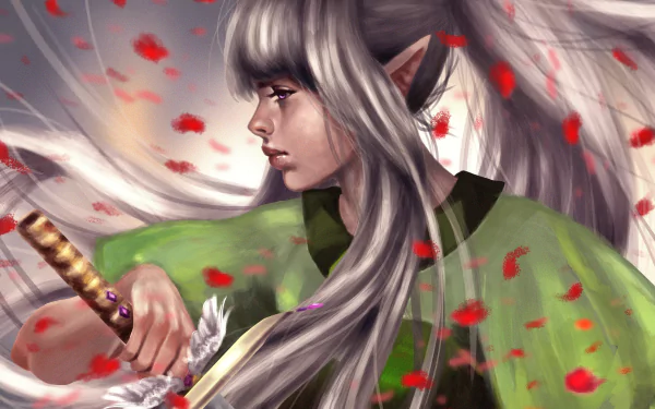 A fantasy woman warrior with long white hair, pointed ears, and striking purple eyes, set against a dynamic backdrop with red petals in 4K Ultra HD detail.