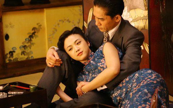 A scene from the movie *Lust, Caution*, featuring a couple in an intimate moment, conveying passion and tension, presented as an HD PC desktop wallpaper and background.