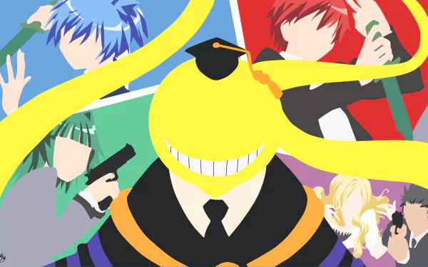 A vibrant HD desktop wallpaper featuring Koro-sensei from Assassination Classroom, surrounded by key characters. The artwork showcases the playful and intense spirit of the anime.