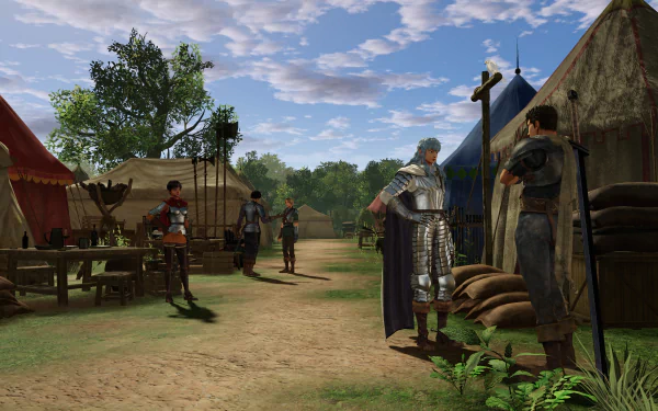 4K Ultra HD PC desktop wallpaper of a BERSERK video game scene: Band of the Hawk troops in a sunlit camp, an armored leader speaking with villagers beneath a bright blue sky.