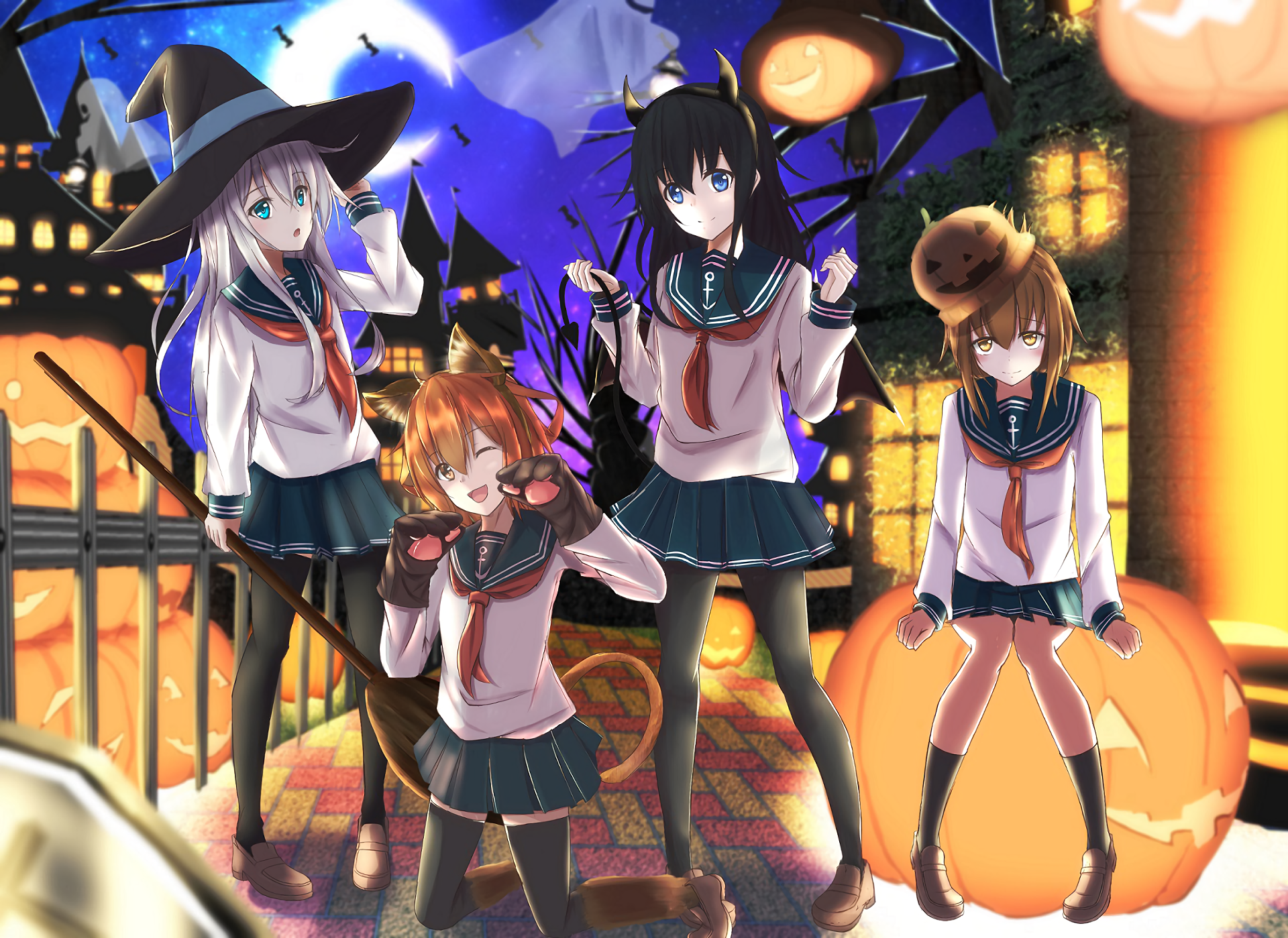 HD anime wallpaper featuring Inazuma, Ikazuchi, Hibiki, and Akatsuki from Kantai Collection in Halloween-themed outfits on a vibrant night background.